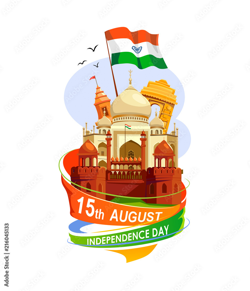India Independence Day card isolated on white background. Cartoon India  greeting card design template. Stock Vector | Adobe Stock