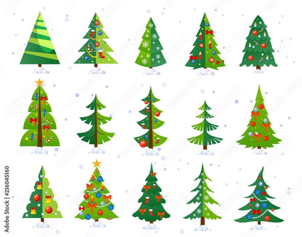 Christmas trees icon set isolated on white background. Cute Christmas trees with toys and snow. New year decorations. Vector ilustration.