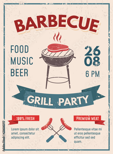Barbeque retro poster with grunge effect. BBQ party invitation design. Vector illustration