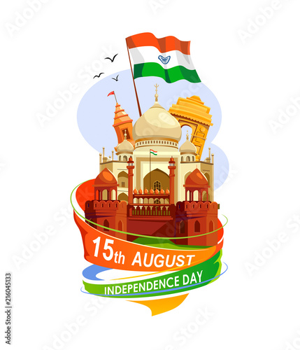 India Independence Day card isolated on white background. Cartoon India greeting card design template.