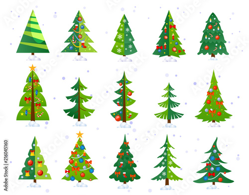 Christmas trees icon set isolated on white background. Cute Christmas trees with toys and snow. New year decorations. Vector ilustration.