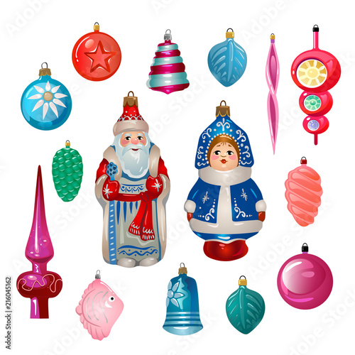 Set of cartoon retro Christmas tree decorations from USSR. Soviet union New year icons isolated on white background. Colorful christmas toys vector set.