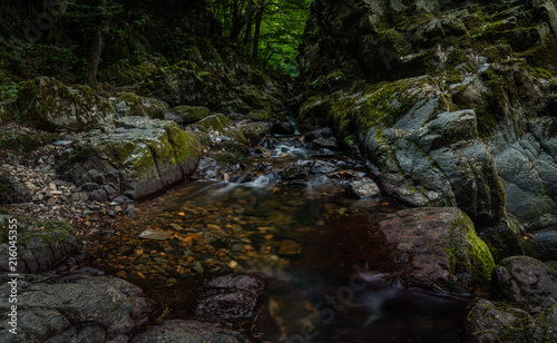 Mystical and gloomy gorge well hidden out of sight of anybody who is not aware of it. Small creek flowing among stones and rocks. Very dark and cold place with a special atmosphere. Love nature.