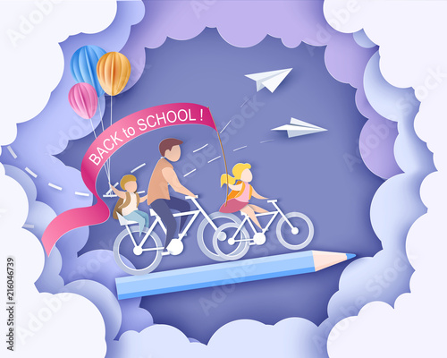 Back to school 1 september card. Children flying on pencil with air balloons. Paper cut style. Vector illustration