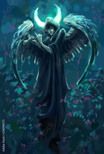 gloomy flutist with angel wings under the moon