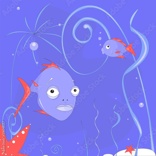 "Fairy underwater marine life" -imaginary sea (ocean) bottom with sea plants, sea stars and two cute fish. Cartoon/caricature style. 