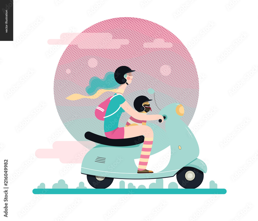 Girl on a scooter - flat vector concept illustration of blue-haired girl wearing helmet riding a light blue scooter, a french bulldog on her lap wearing small helmet, on the pink landscape with clouds Girl on a scooter - flat vector concept illustration of blue-haired girl wearing helmet riding a light blue scooter, a french bulldog on her lap wearing small helmet, on the pink landscape with clouds