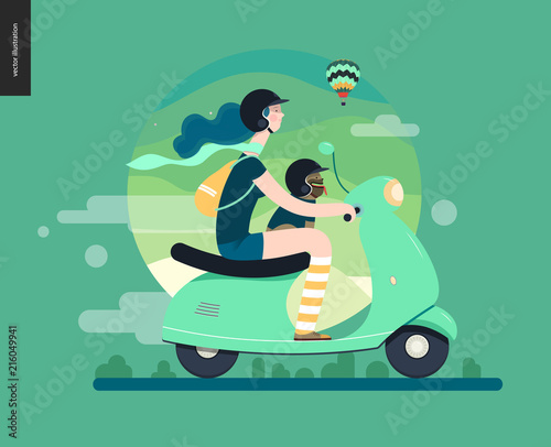 Girl on a scooter - flat vector concept illustration of blue haire girl wearing helmet riding a mint scooter, a french bulldog on her lap wearing small helmet, on the green landscape with air balloon