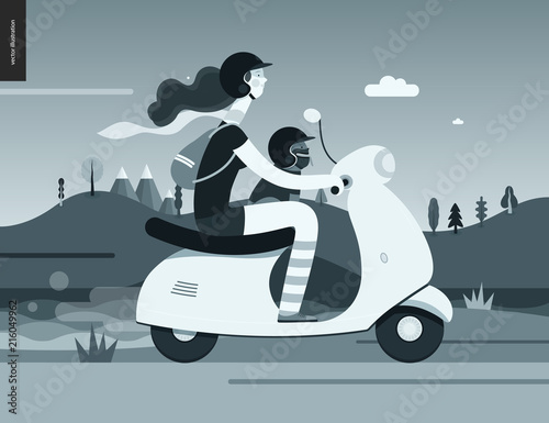 Girl on a scooter - flat black and white vector concept illustration of girl wearing helmet riding scooter, french bulldog on lap wearing small helmet, mountains - black and white background, nature