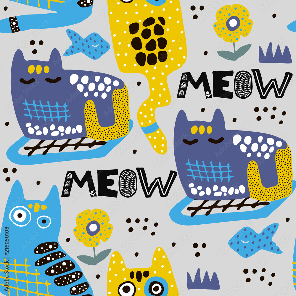 Naklejka premium Pattern with cartoon cats,kittens in scandinavian style. Seamless kid illustration for fabric,textile,posters.