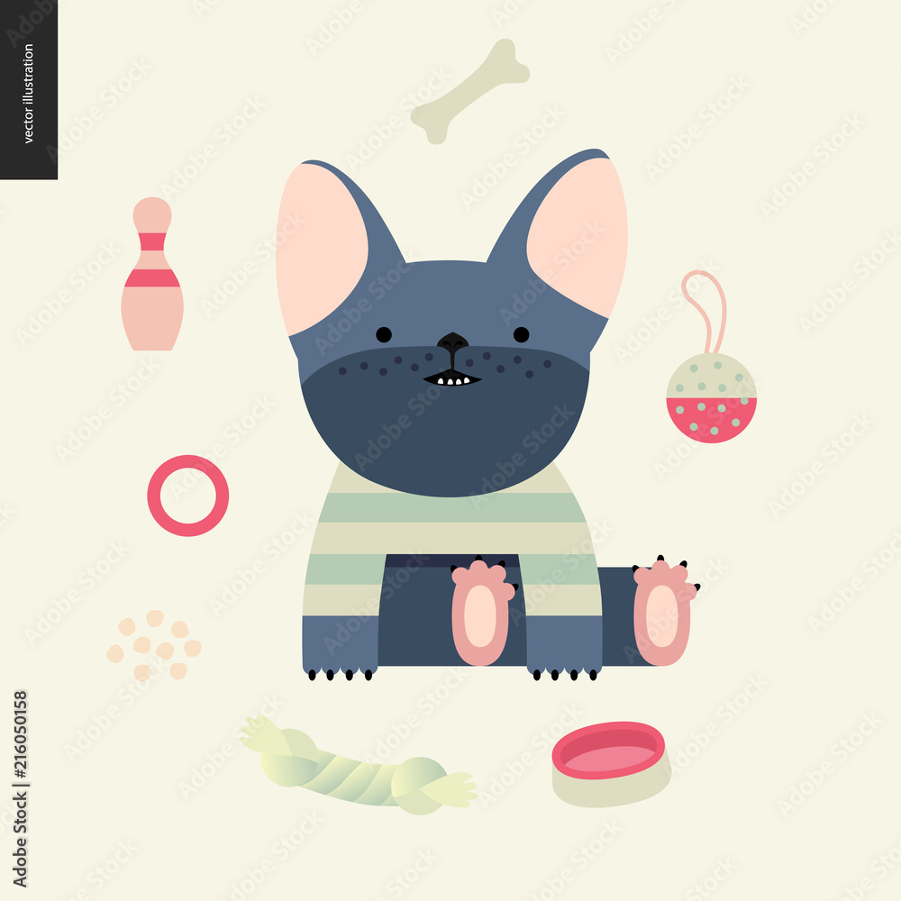 Cartoon French Bulldog. Flat vector Illustration of a cute little french bulldog puppy wearing a striped t-shirt sitting surrounded by its toys, concept illustration