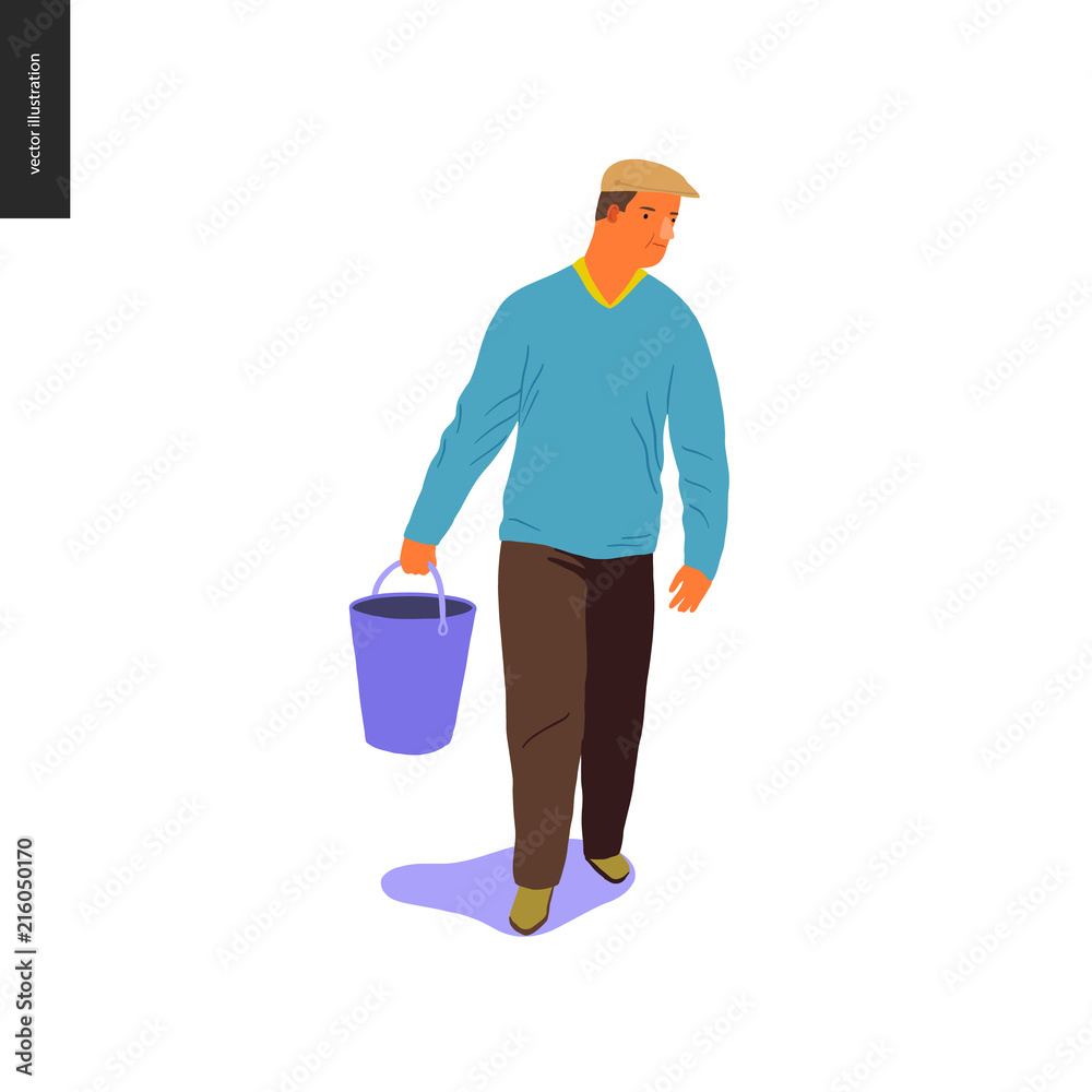 Harvesting people - vector flat hand drawn illustration of an adult man wearing a cap and a sweater carrying a basket full of water. Self-sufficiency, farming and harvesting concept Harvesting people - vector flat hand drawn illustration of an adult man wearing a cap and a sweater carrying a basket full of water. Self-sufficiency, farming and harvesting concept