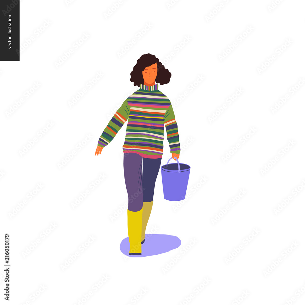Harvesting people - vector flat hand drawn illustration of a young woman wearing a striped sweater and rubber boots carrying a basket full of water. Self-sufficiency, farming and harvesting concept Harvesting people - vector flat hand drawn illustration of a young woman wearing a striped sweater and rubber boots carrying a basket full of water. Self-sufficiency, farming and harvesting concept