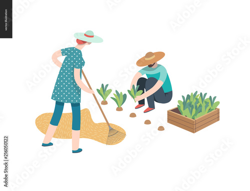 Harvesting people, fall - flat vector concept illustration of a man wearing straw hat gathering in ripe salad to the wooden box and a woman raking hay into the stack. Reaping the crop concept.