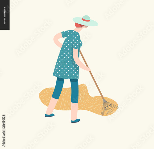 Harvesting people, fall - flat vector concept illustration of a woman wearing straw hat raking hay into the stack. Reaping the crop concept.