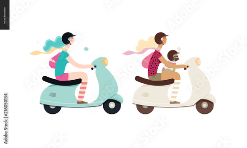 Girl on a scooter - two flat vector concept illustrations of a girl wearing helmet riding a scooter, a french bulldog on her lap wearing small helmet