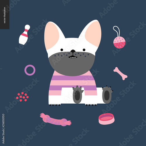 Cartoon French Bulldog. Flat vector Illustration of a cute little french bulldog puppy wearing a striped t-shirt sitting surrounded by its toys, concept illustration