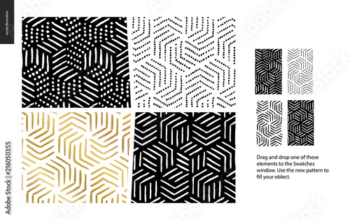 Hand drawn Patterns - a group set of four abstract seamless patterns - black, gold and white. Geometrical lines, dots and shapes - pieces