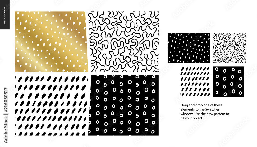 Hand drawn Patterns - a group set of four abstract patterns - black, gold and white. Geometrical lines, dots and shapes - pieces