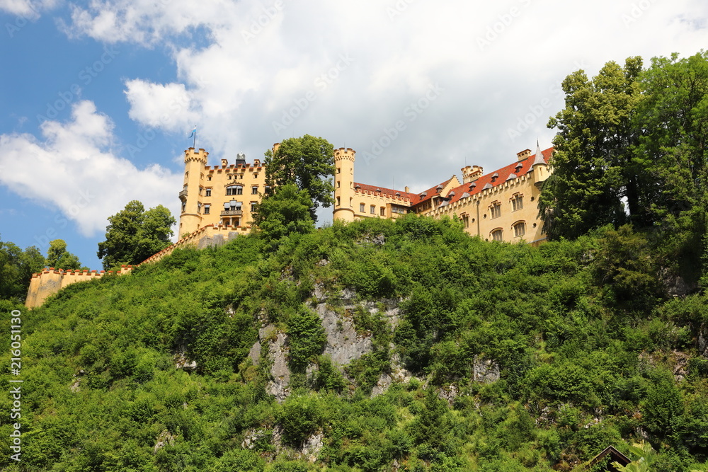 The picturesque foothills of the Alps, the lake surrounded with the low rocks overgrown with the dense wood are visible the old castle.
