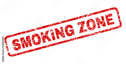 SMOKING ZONE stamp seal imprint with grunge style. Red vector rubber print of SMOKING ZONE caption with corroded texture. Text caption is placed inside rounded rectangle frame.
