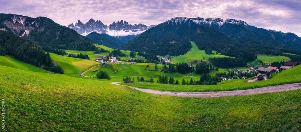 Famous best alpine place of the world, Santa Maddalena (St Magdalena) village with magical Dolomites mountains in background, Val di Funes valley, Trentino Alto Adige region, Italy, Europe