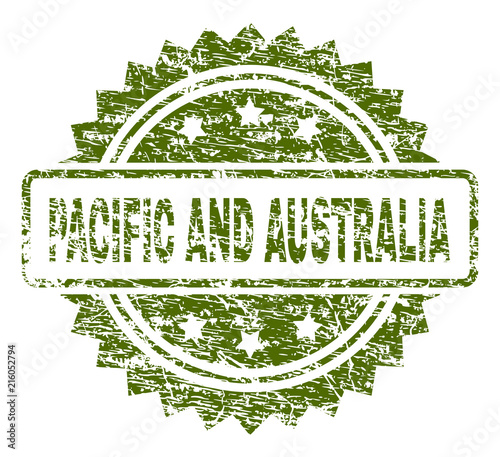 PACIFIC AND AUSTRALIA stamp seal watermark with rubber print style. Green vector rubber print of PACIFIC AND AUSTRALIA title with unclean texture.