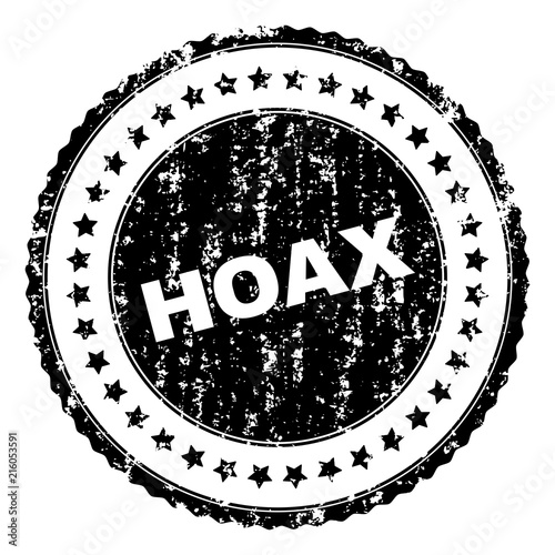 HOAX seal print with corroded texture. Black vector rubber print of HOAX label with scratched texture. Rubber seal imitation has circle shape and contains stars.