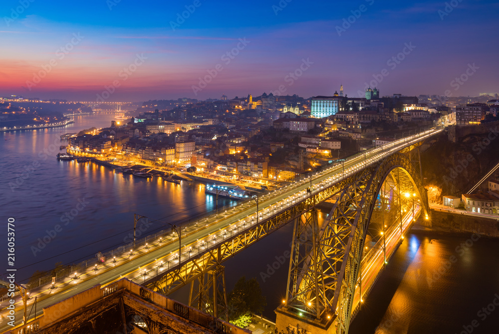 Fototapeta premium View of the historic city of Porto with the Dom Luiz bridge. Portugal, Porto