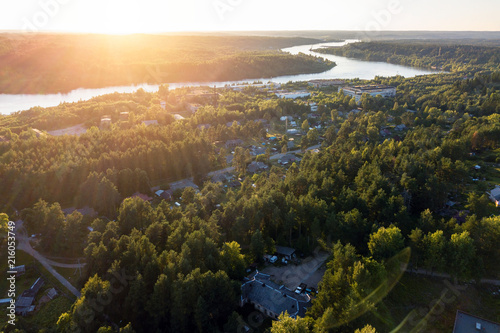 Top view of the Svir river and urban village in forests of Karelia. Nikolsky, Leningrad region, Russia.