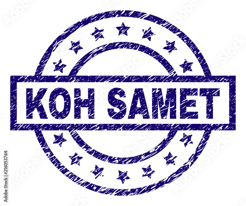 KOH SAMET seal print with dirty texture. Designed with rectangle, circles and stars. Blue vector rubber print of KOH SAMET caption with dirty texture.