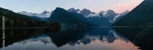 Panoramic view of Jones Lake during a vibrant summer sunrise. Located between Hope and Chilliwack  East of Vancouver  BC  Canada.