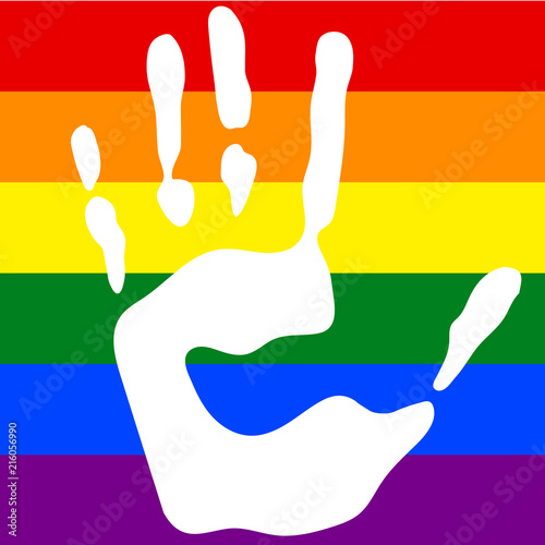 Hand stamp on colored in rainbow colors background, LGBT flag with palm print, vector