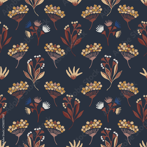 Navy Blue Seed Pods Seamless Vector Pattern, Hand Drawn Floral Seeds Illustration for Fall Fashion Print, Trendy Home Decor, Scrapbook Paper, Elegant Stationery, Blog Background, Nature Gift Wrap