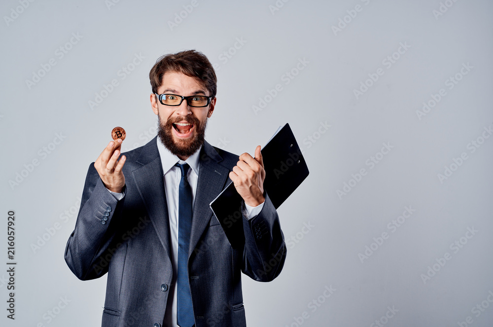 joyful business man bitcoin documents joyful business man bitcoin documents