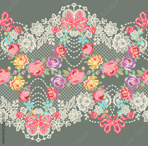 Lace Ribbon Romantic Floral Vector Seamless Pattern