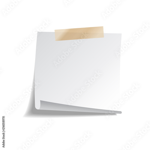 Sticky paper note with tape and shadow isolated on white background. Blank.