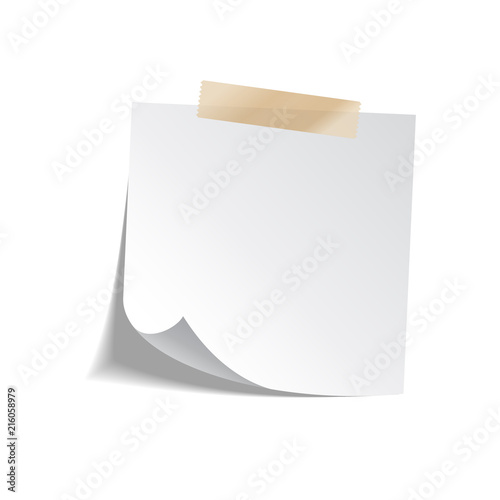 Sticky paper note with tape and shadow isolated on white background. Blank.