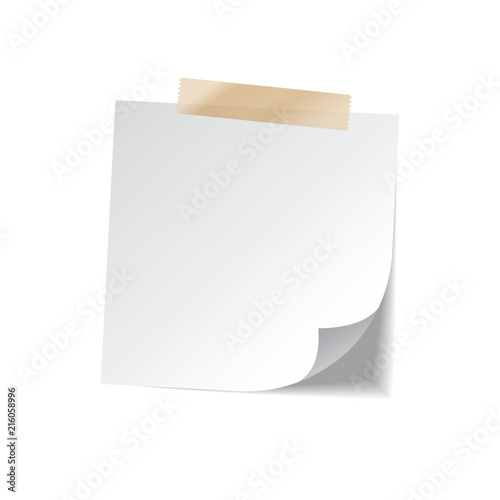 Sticky paper note with tape and shadow isolated on white background. Blank.