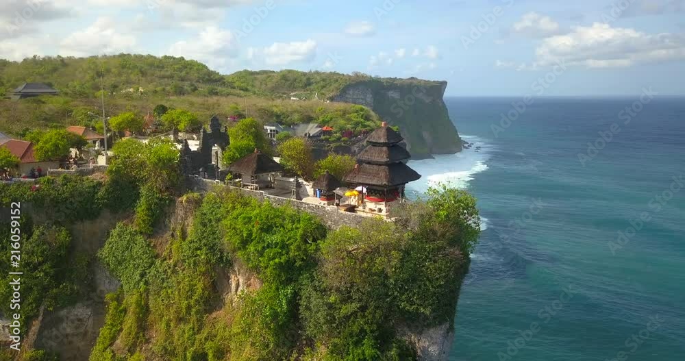 Pura Uluwatu temple. Stone cliffs, ocean waves and ocean landscape. Aerial view. Bali island, Indonesia. Pura Uluwatu temple. Stone cliffs, ocean waves and ocean landscape. Aerial view. Bali island, Indonesia.