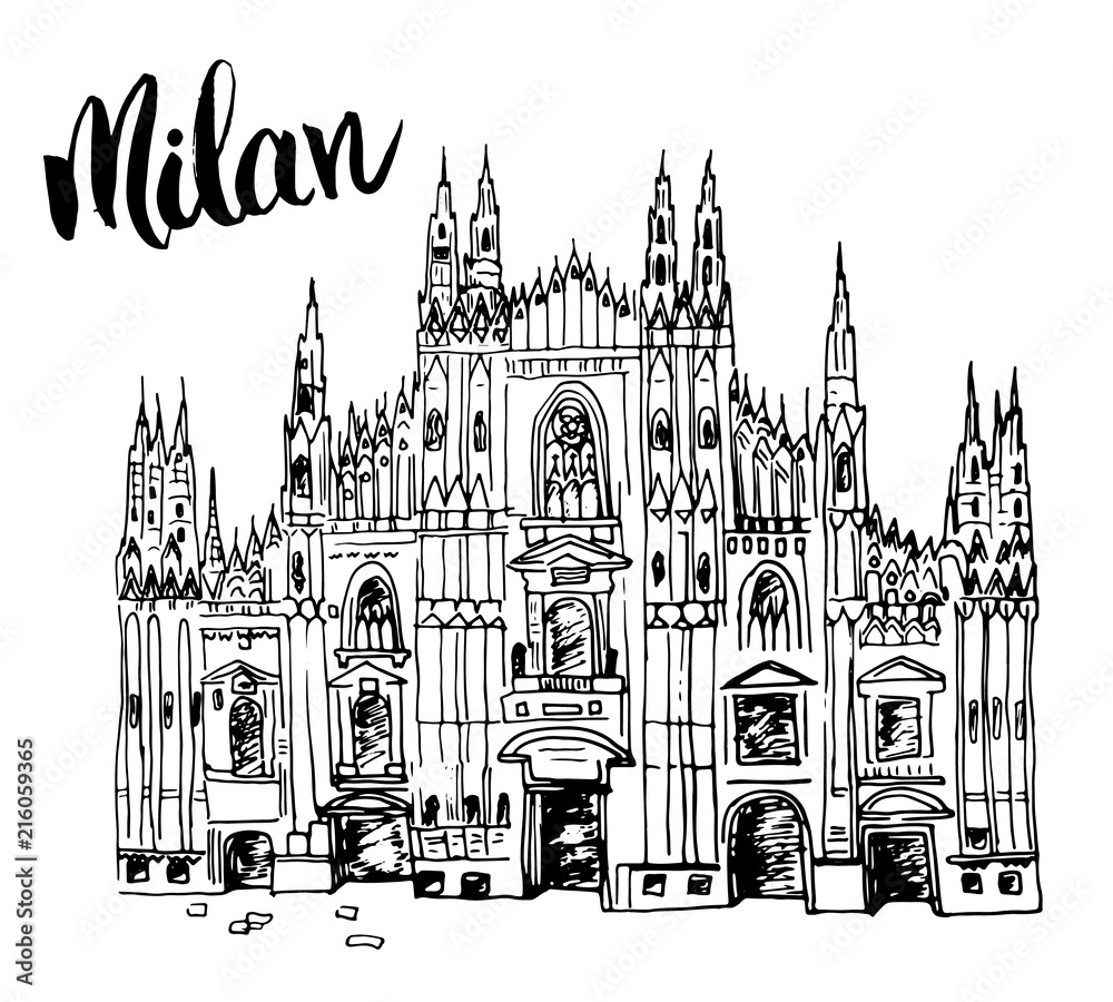 Duomo cathedral in Milan, Italy. Hand drawn sketch of Italian famous church building with lettering Milan, vector illustration isolated on white background.