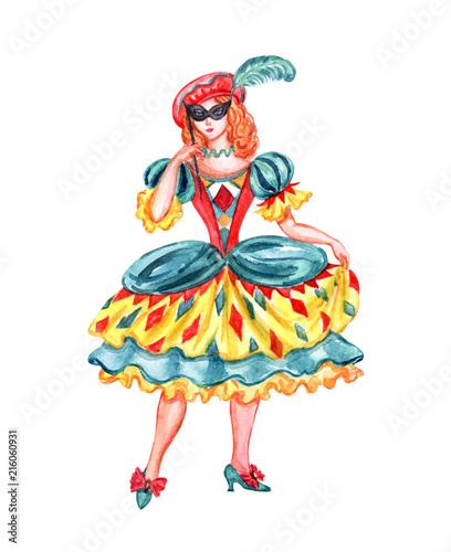Colombina, the character of the Italian commedia dell'arte, watercolor painting on white background, isolated with clipping path.