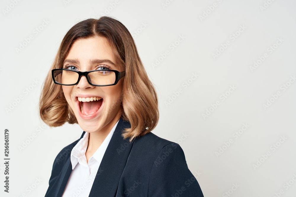 business woman with glasses screaming