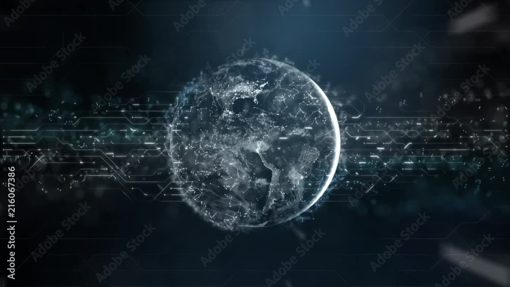 Future technology background with world and digital big data information flowing field connections.Animation for vr,ai,iot, blockchain,cloud.America and United States visible. 4k render video