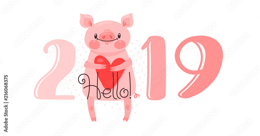 2019 Happy New Year card design. Vector illustration with 2019 numbers and sweet pig greets with love. Figures and symbol of year Chinese calendar in cartoon style 2019 Happy New Year card design. Vector illustration with 2019 numbers and sweet pig greets with love. Figures and symbol of year Chinese calendar in cartoon style