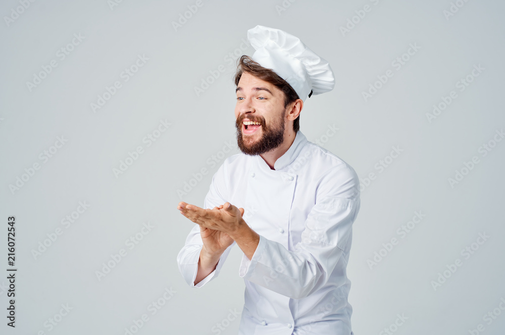 joyful cook holds a free place on his hand joyful cook holds a free place on his hand