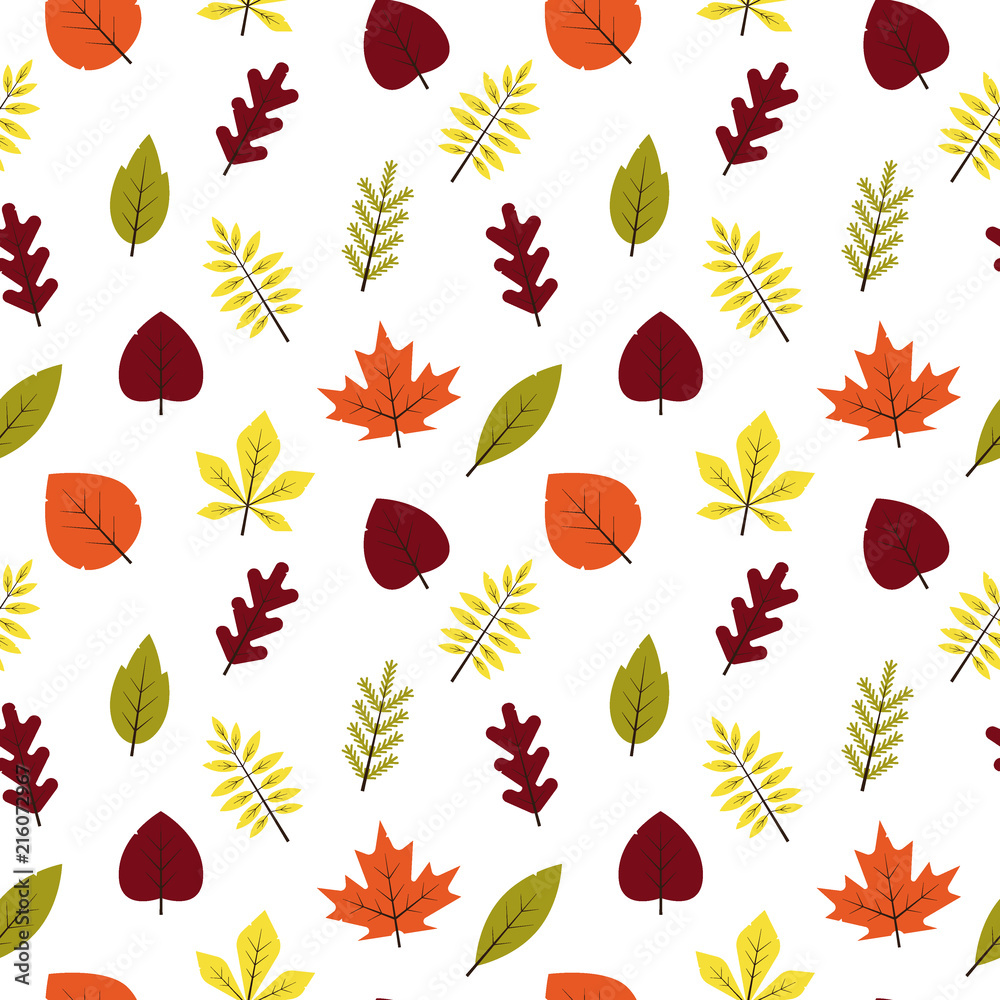 Seamless pattern autumn different leaves in flat style. Red, green, yellow, orange leaf on white background. Maple, spruce, oak, rowan, birch autumnal foliage - vector illustration.