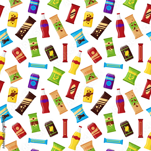 Seamless pattern snack product for vending machine. Fast food snacks, drinks, nuts, chips, juice for vendor machine bar on white background. Flat illustration in vector
