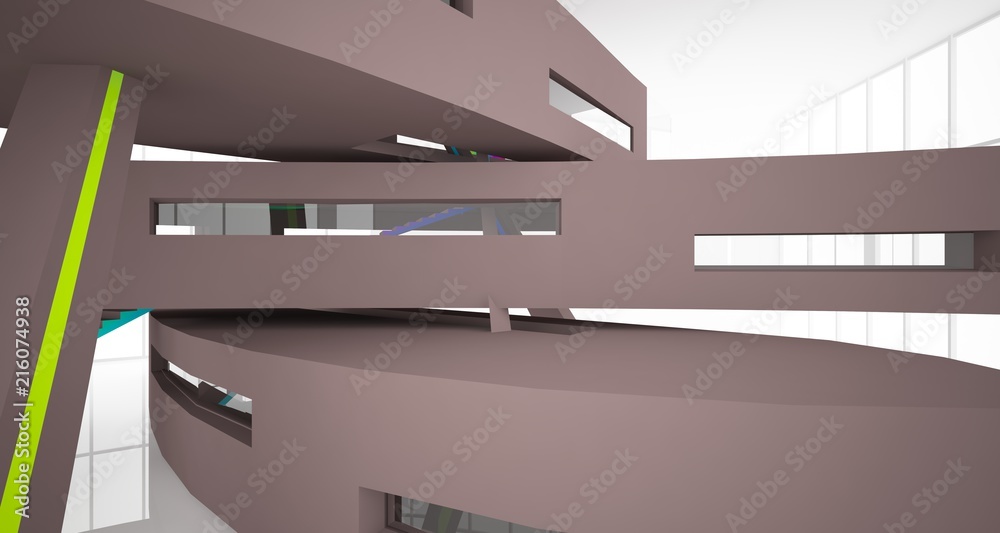 Obraz premium Abstract brown and colored gradient interior multilevel public space with window. 3D illustration and rendering.