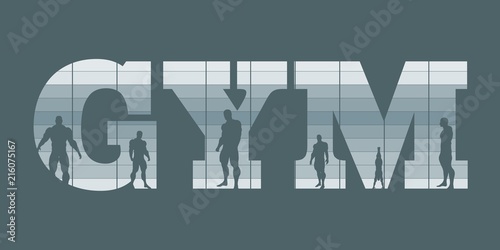 Muscular men silhouettes on gym word. Bodybuilding relative image